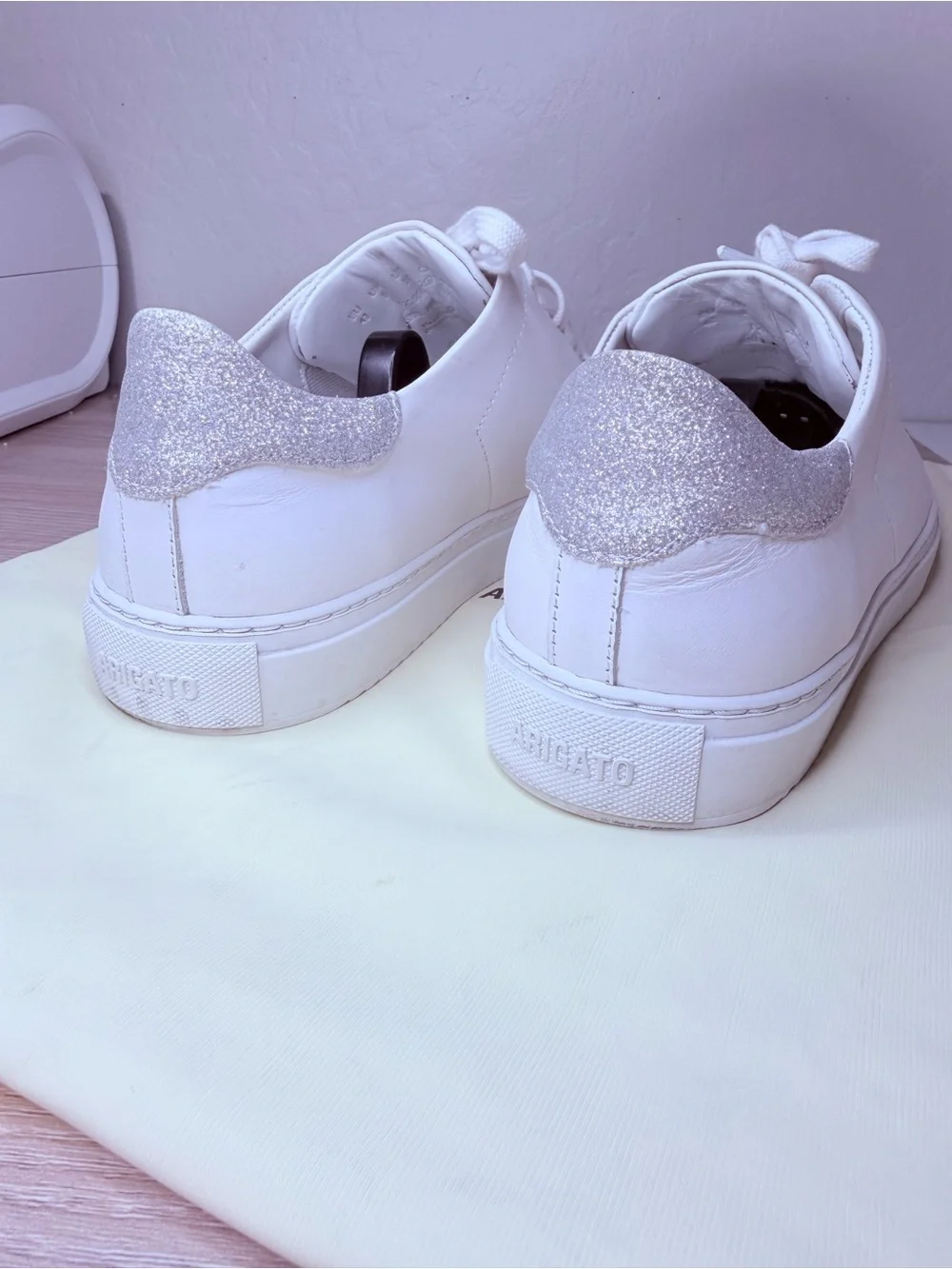 Axel Arigato Clean 90 White Leather Low-Top Sneakers Silver Glitter Women’s 10